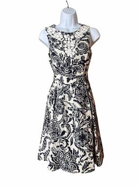 Eliza J Black & Cream Floral Embellished Fit-and-Flare Midi Dress